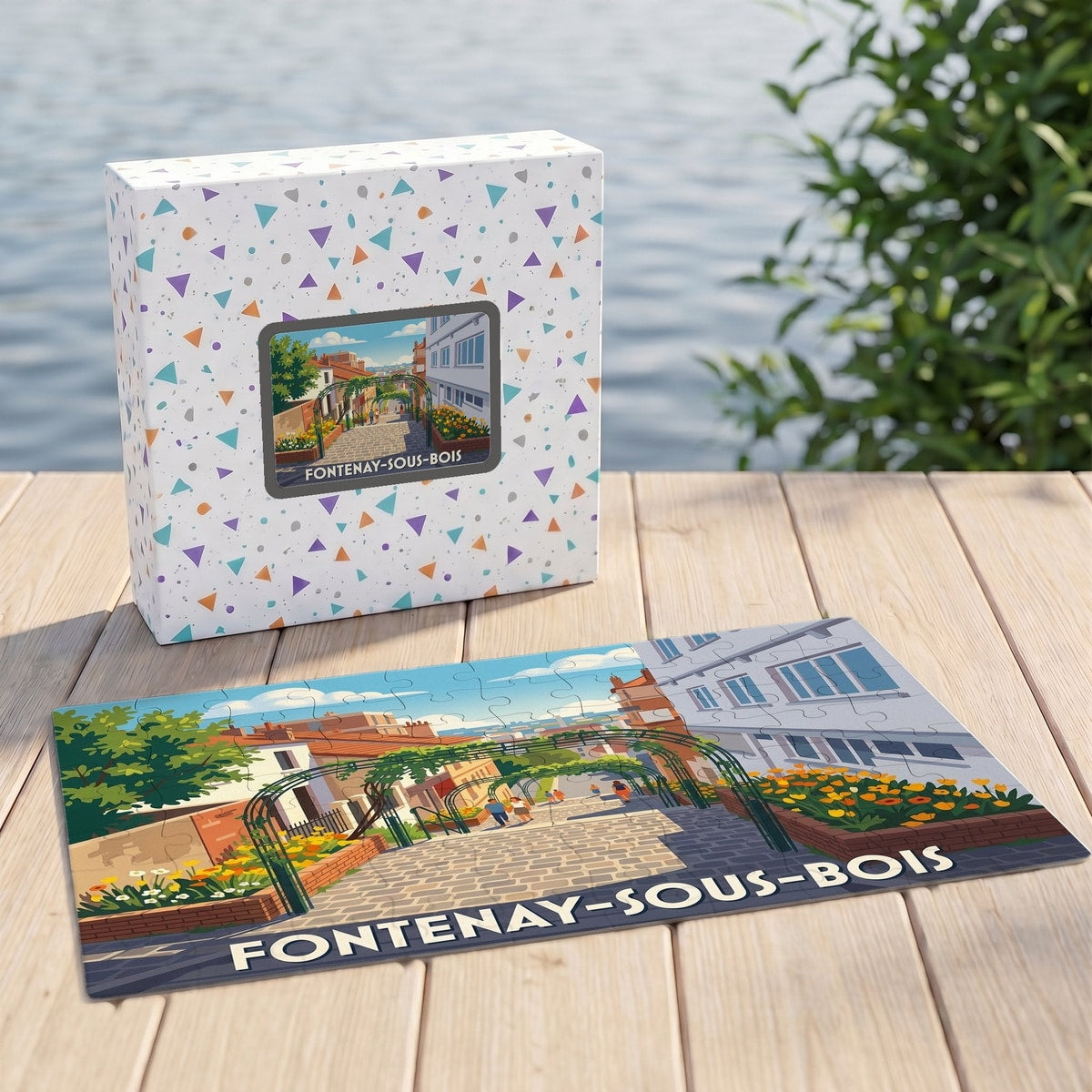 Puzzle souvenir de la ville de Fontenay-sous-Bois avec une illustration stylisée et colorée.