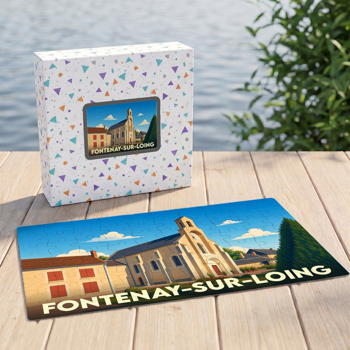 Puzzle souvenir de la ville de Fontenay-sur-Loing avec une illustration stylisée de son église.
