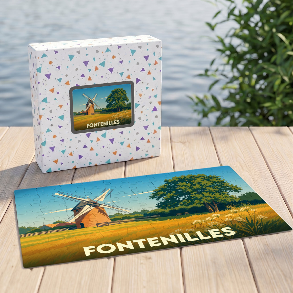 Puzzle souvenir de la ville de Fontenilles avec une illustration stylisée d'un moulin.