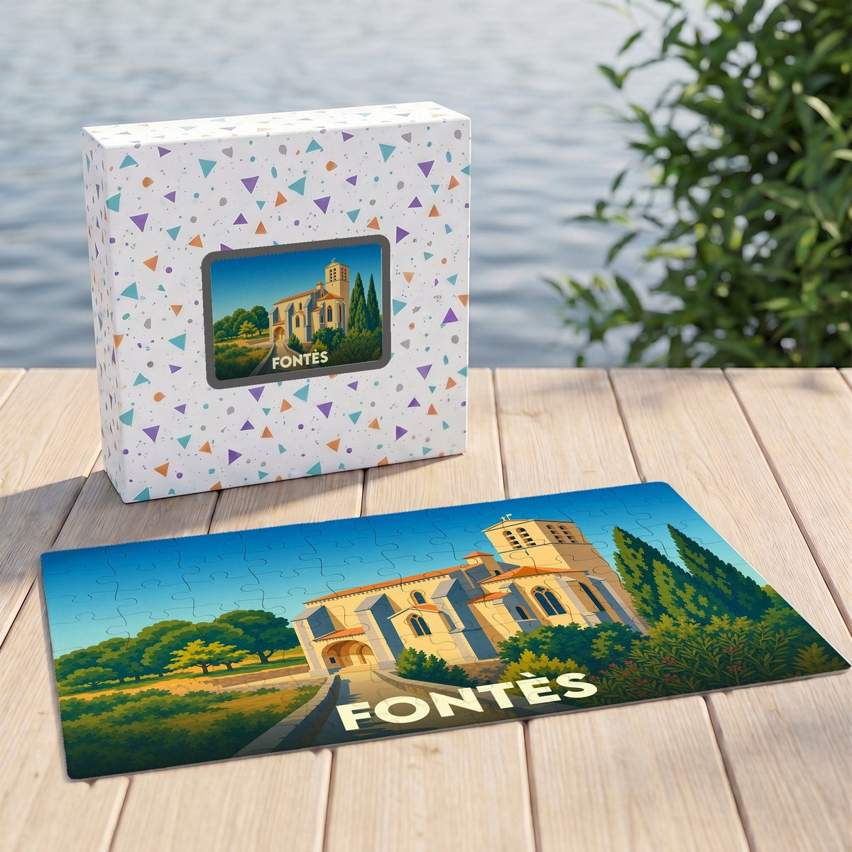 Puzzle souvenir de la ville de Fontès avec une illustration stylisée de son église.