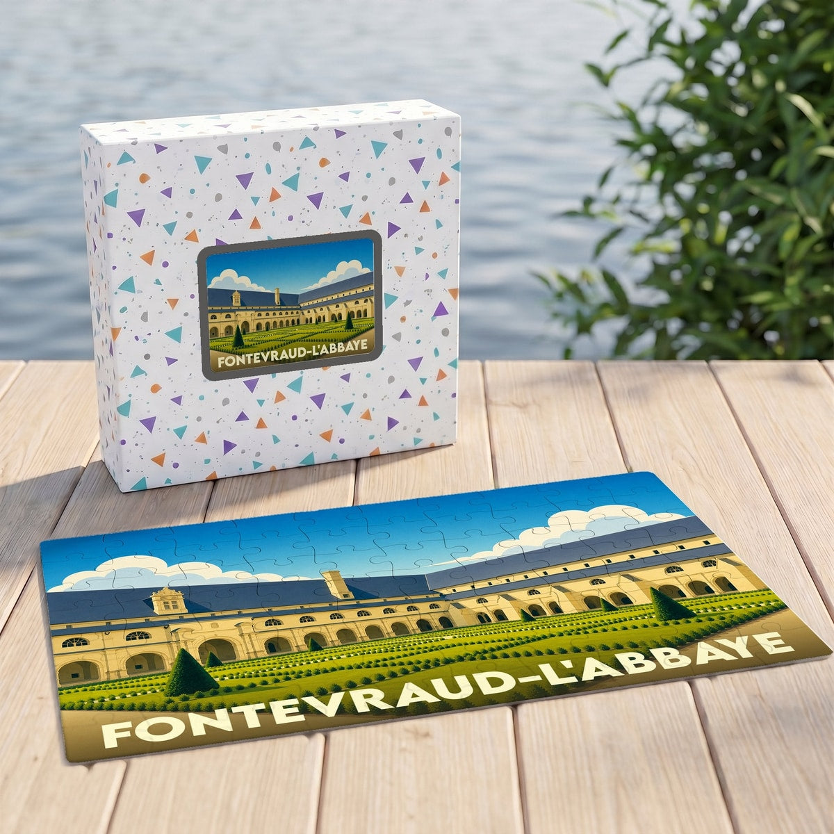 Puzzle souvenir de la ville de Fontevraud-l'Abbaye accompagné de sa boîte illustrée.