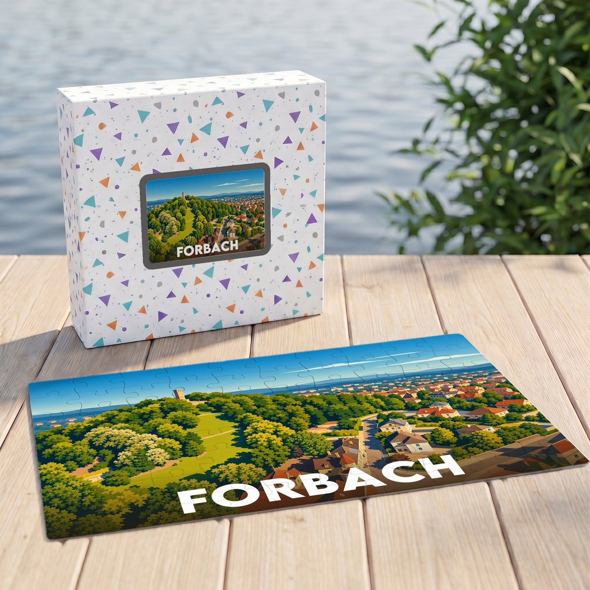 Puzzle souvenir de la ville de Forbach présentant une vue panoramique illustrée dans son coffret assorti.