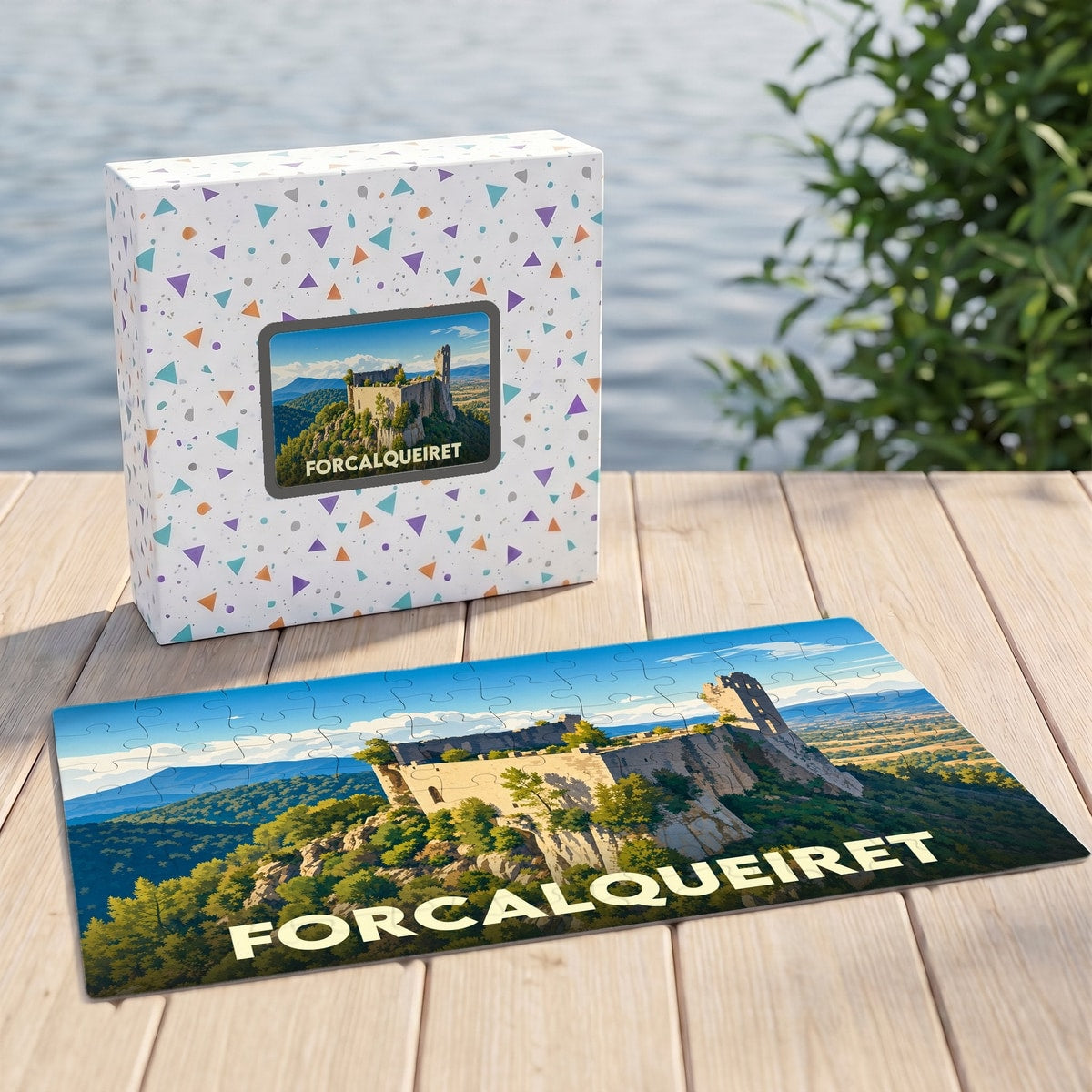 Puzzle souvenir de la ville de Forcalqueiret illustrant son château médiéval sur son socle rocheux.