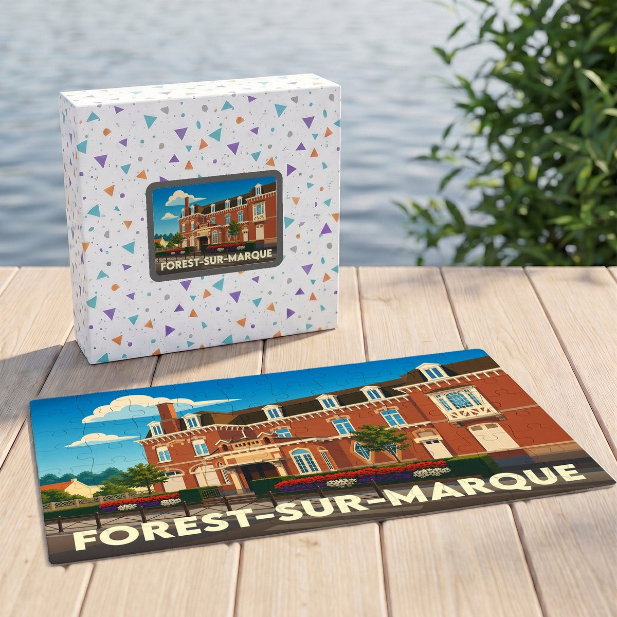 Puzzle souvenir de la ville de Forest-sur-Marque avec une illustration stylisée d'un bâtiment historique.