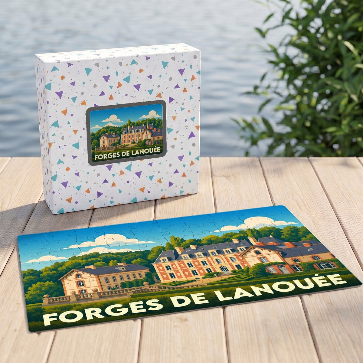 Puzzle souvenir de Forges de Lanouée illustrant un domaine seigneurial dans un style coloré et épuré.