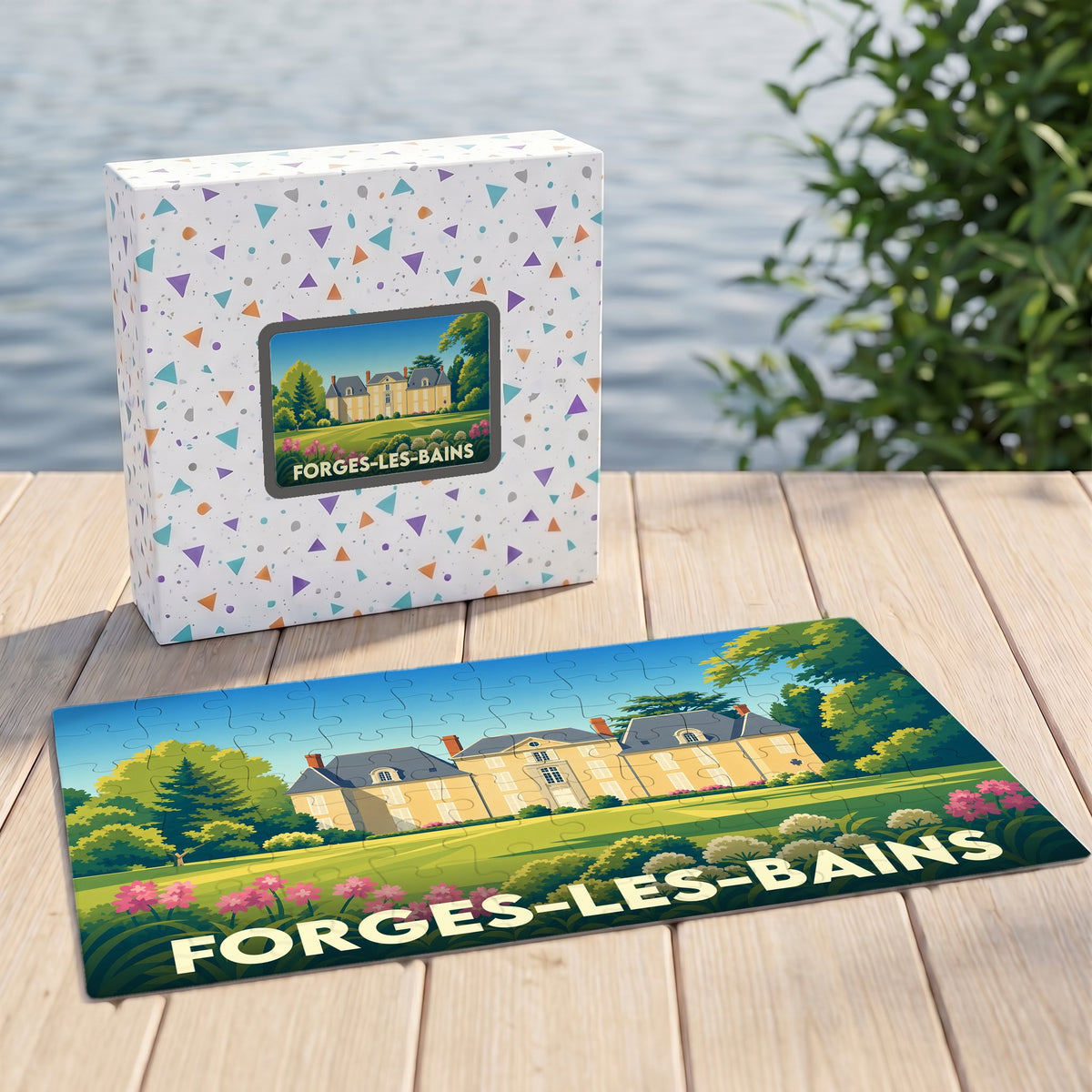 Puzzle souvenir de la ville de Forges-les-Bains avec une illustration stylisée d'un château.
