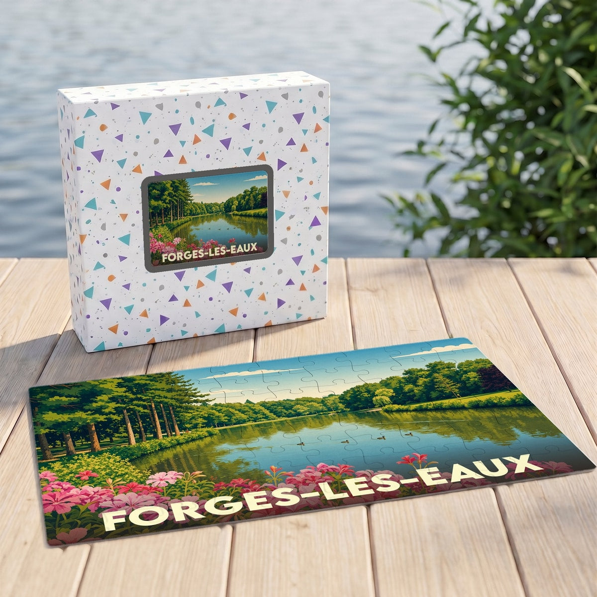 Puzzle souvenir de la ville de Forges-les-Eaux avec une illustration bucolique de son lac.