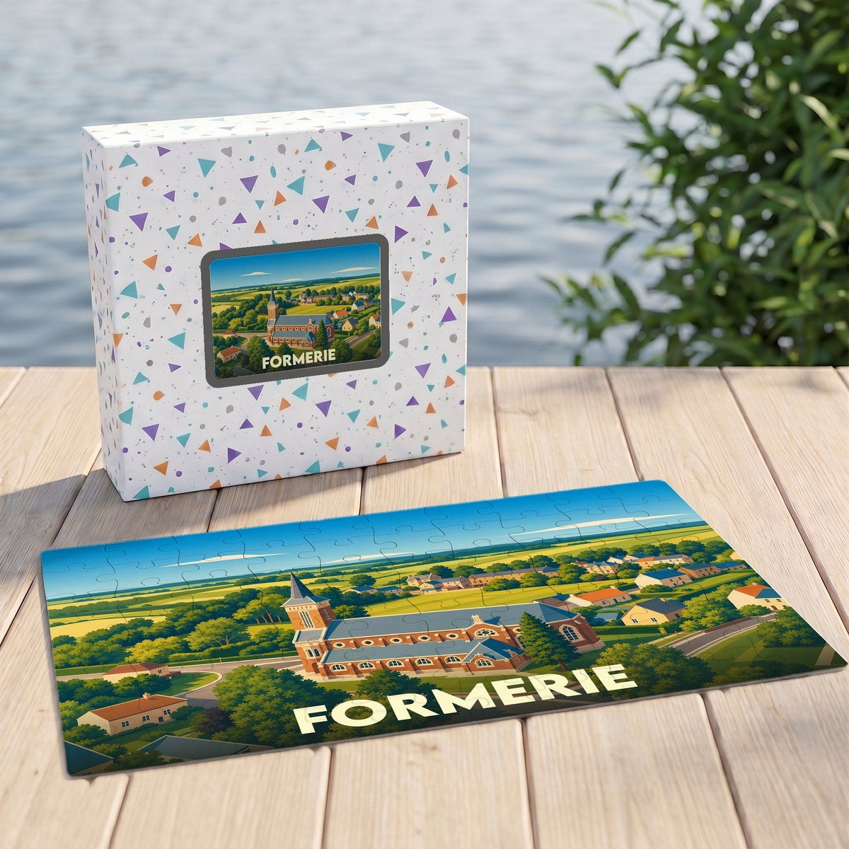 Puzzle souvenir de la ville de Formerie présentant une illustration paysagère stylisée.