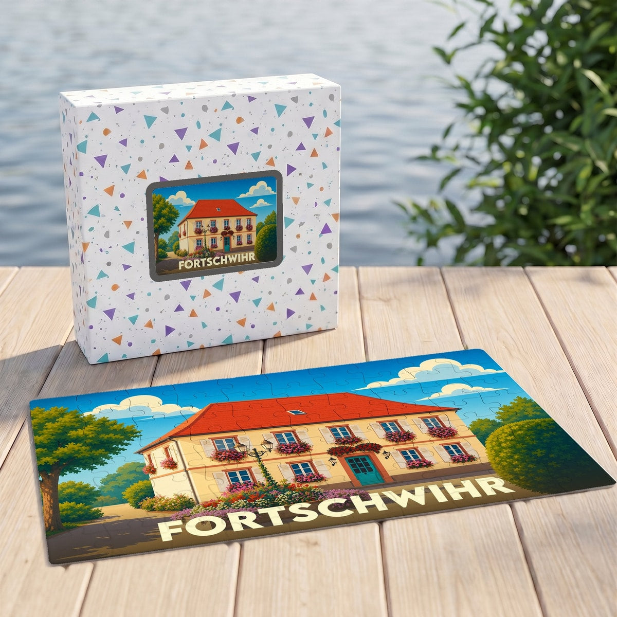 Puzzle souvenir de la ville de Fortschwihr avec une illustration stylisée d'une maison traditionnelle alsacienne.