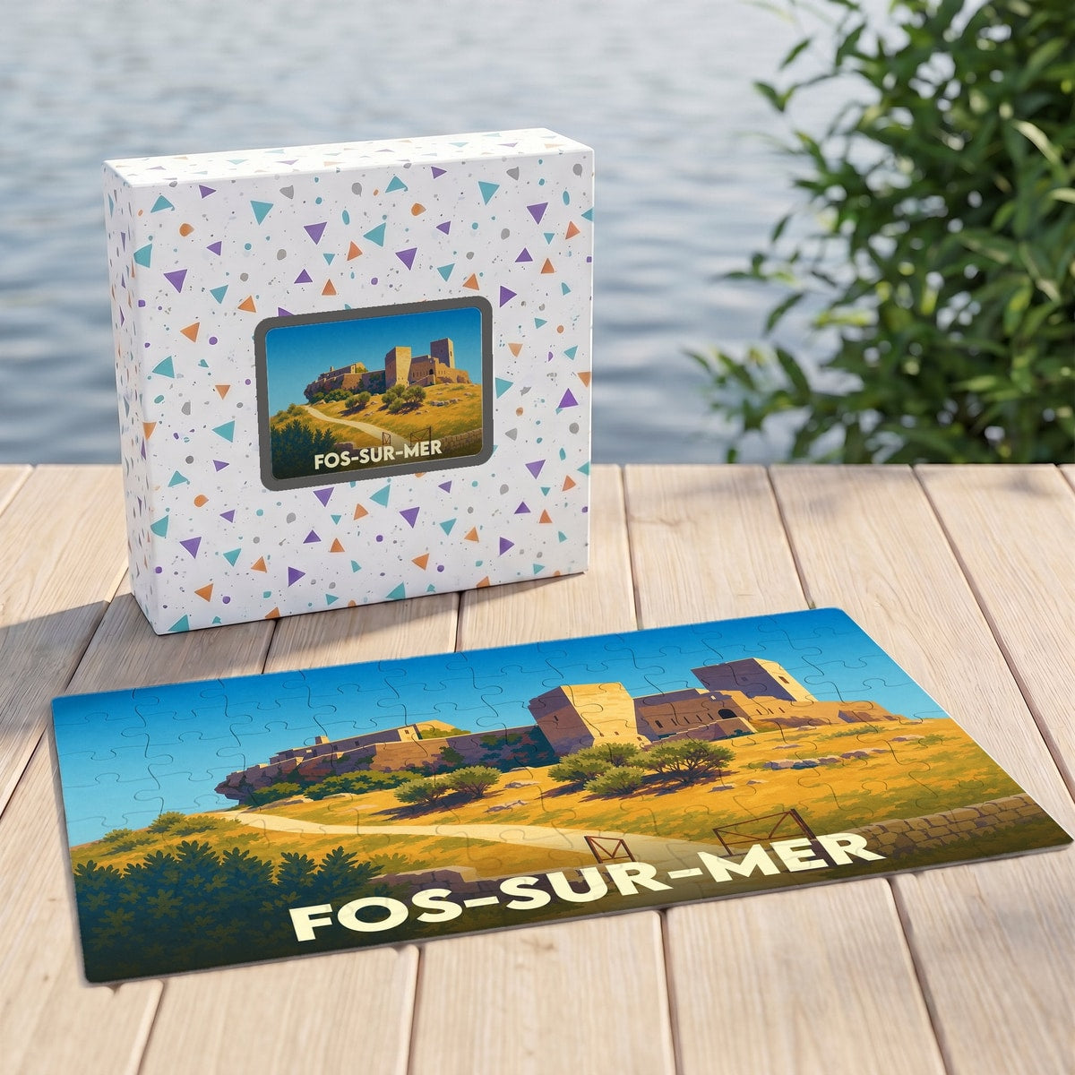 Puzzle souvenir de la ville de Fos-sur-Mer avec une illustration stylisée d'un château médiéval sur une colline.