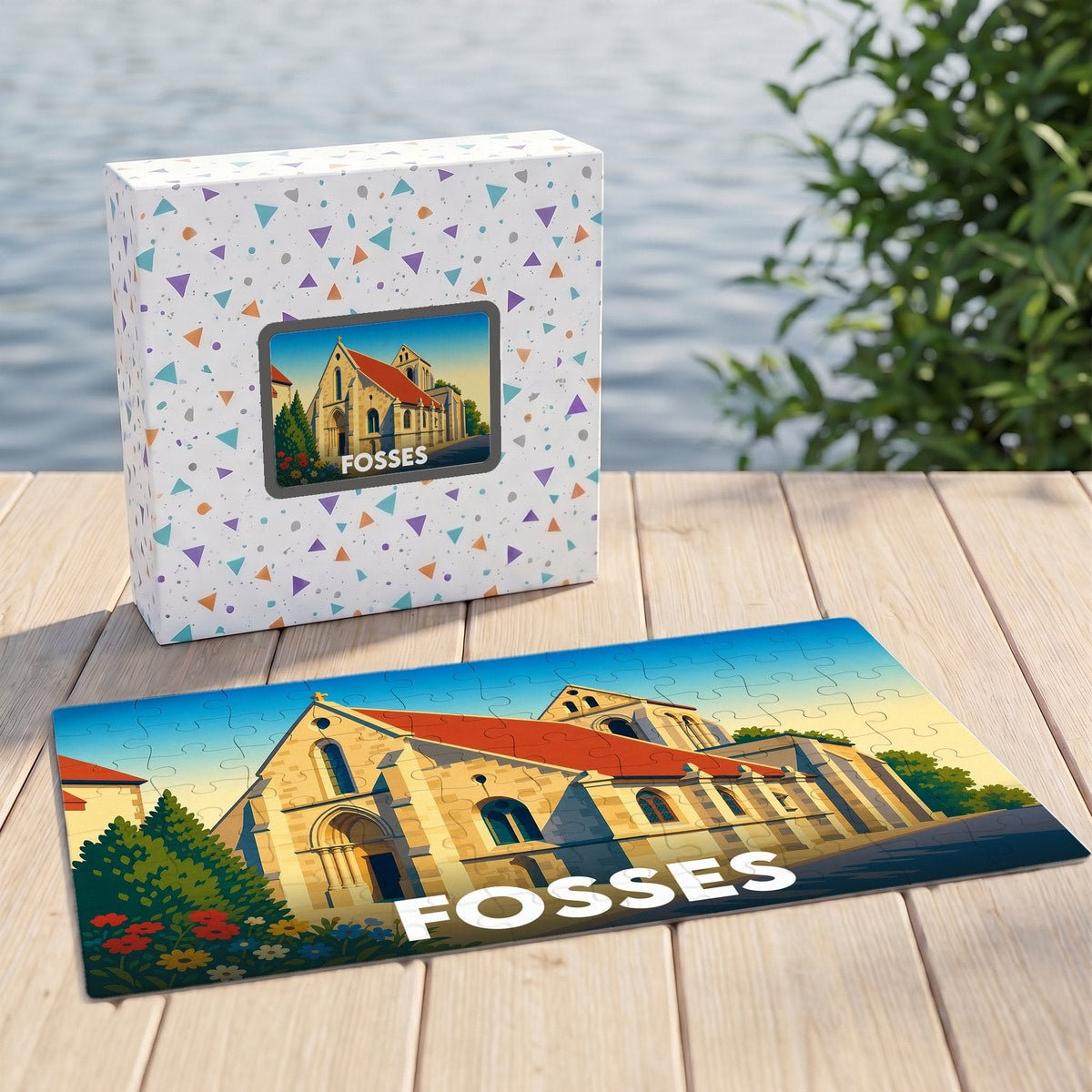 Puzzle souvenir de la ville de Fosses avec une illustration stylisée d'un bâtiment historique.