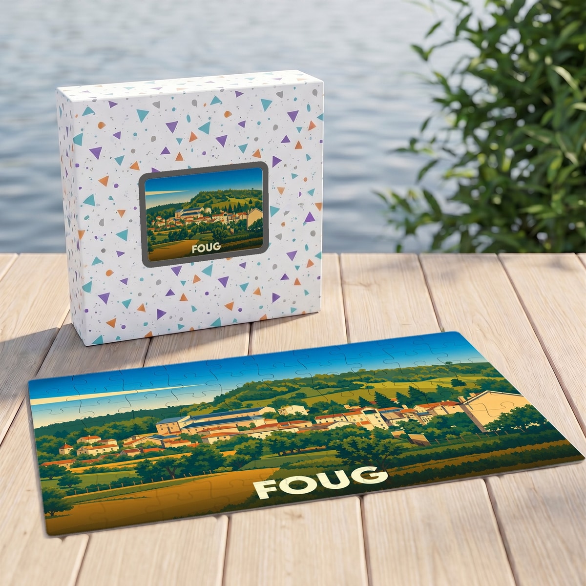 Puzzle souvenir de la ville de Foug avec une illustration stylisée de son paysage urbain.