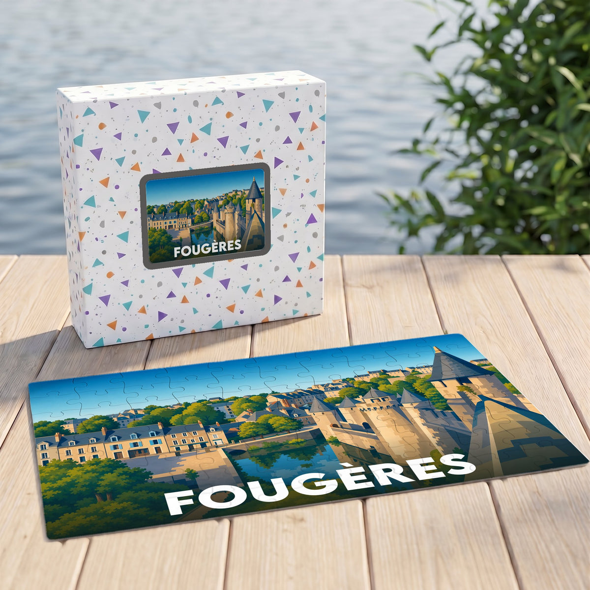 Puzzle souvenir de la ville de Fougères avec une illustration colorée de son château médiéval.
