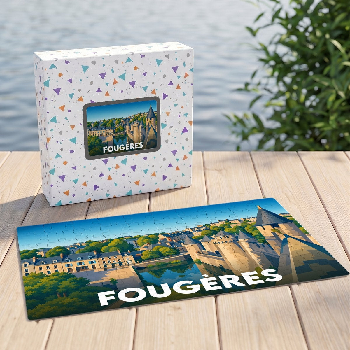 Puzzle souvenir de la ville de Fougères avec une illustration colorée de son château médiéval.