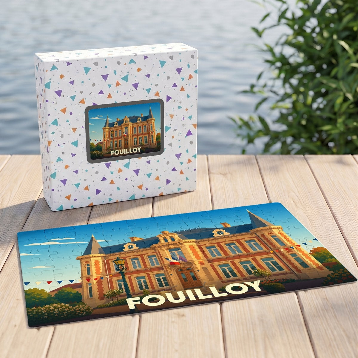 Puzzle souvenir de la ville de Fouilloy présentant une illustration stylisée d'un bâtiment historique.