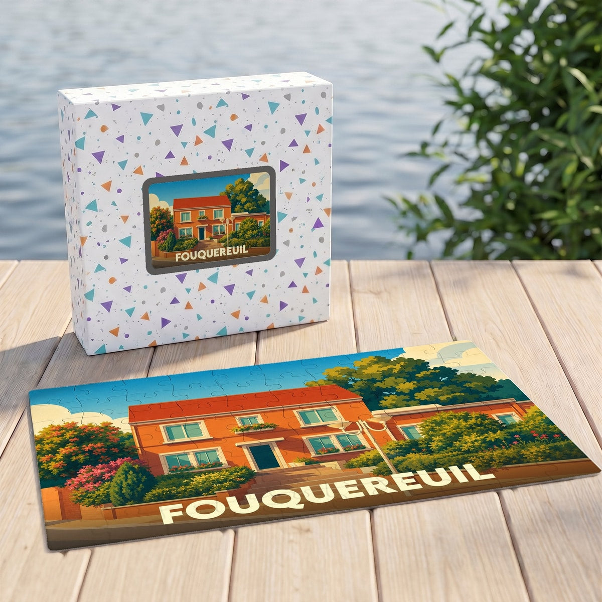 Puzzle souvenir de la ville de Fouquereuil représentant une maison colorée dans un style illustration.