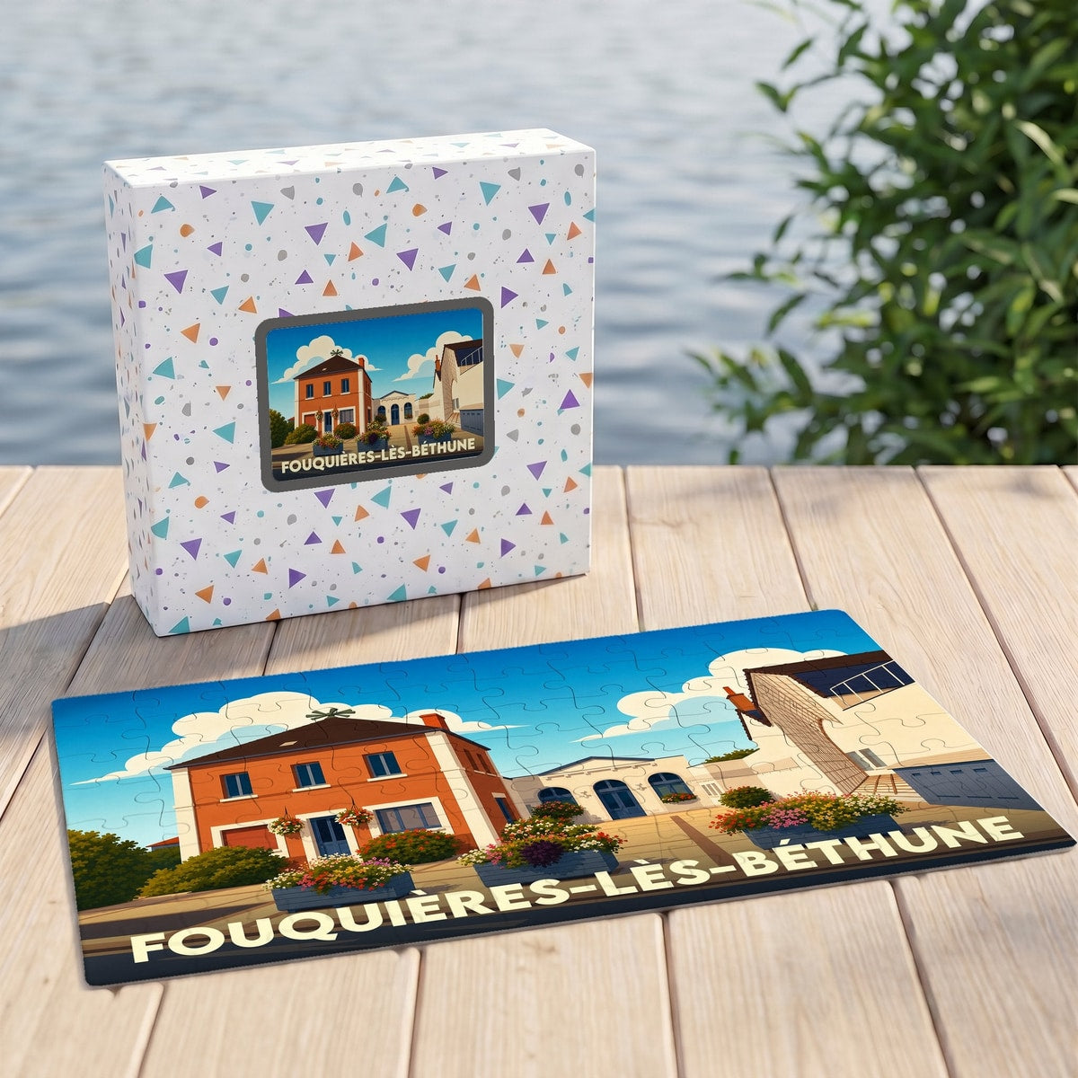 Puzzle souvenir de la ville de Fouquières-lès-Béthune avec une illustration stylisée d'un paysage urbain.