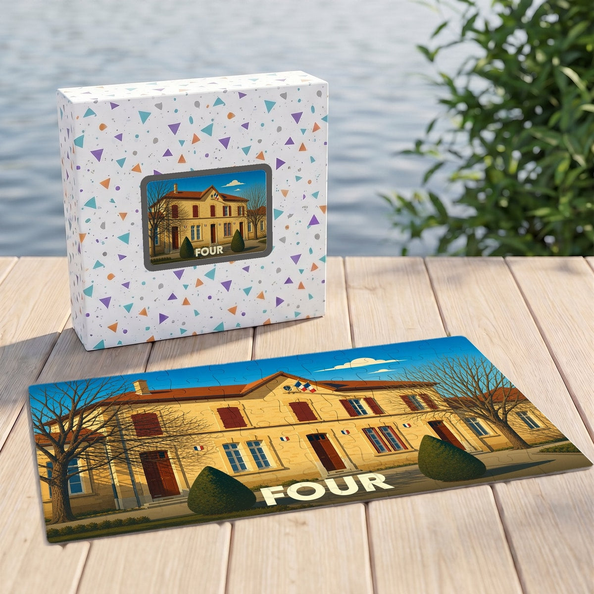 Puzzle souvenir de la ville de Four représentant une illustration stylisée d'un bâtiment communal.