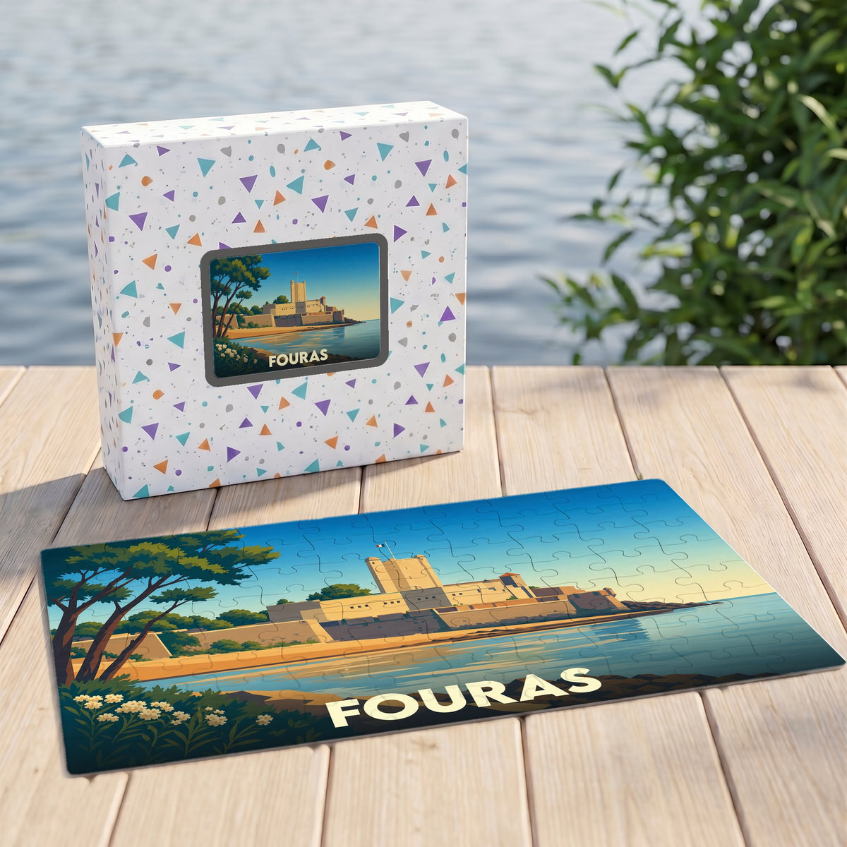 Puzzle souvenir de la ville de Fouras avec son illustration stylisée de bord de mer et sa boîte assortie.
