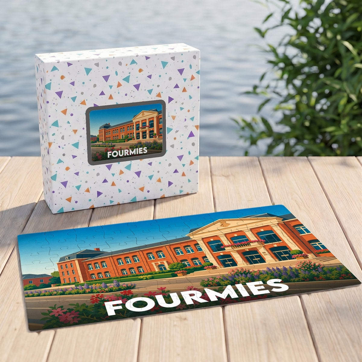 Puzzle souvenir de la ville de Fourmies illustrant un bâtiment historique dans un style coloré et épuré.