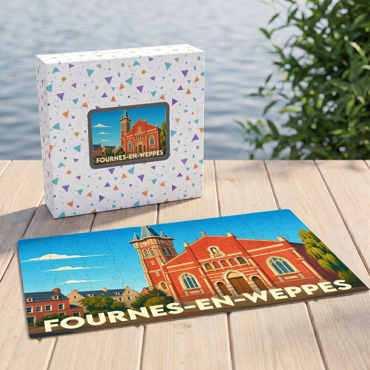 Puzzle souvenir de la ville de Fournes-en-Weppes avec une illustration stylisée de son église rouge.