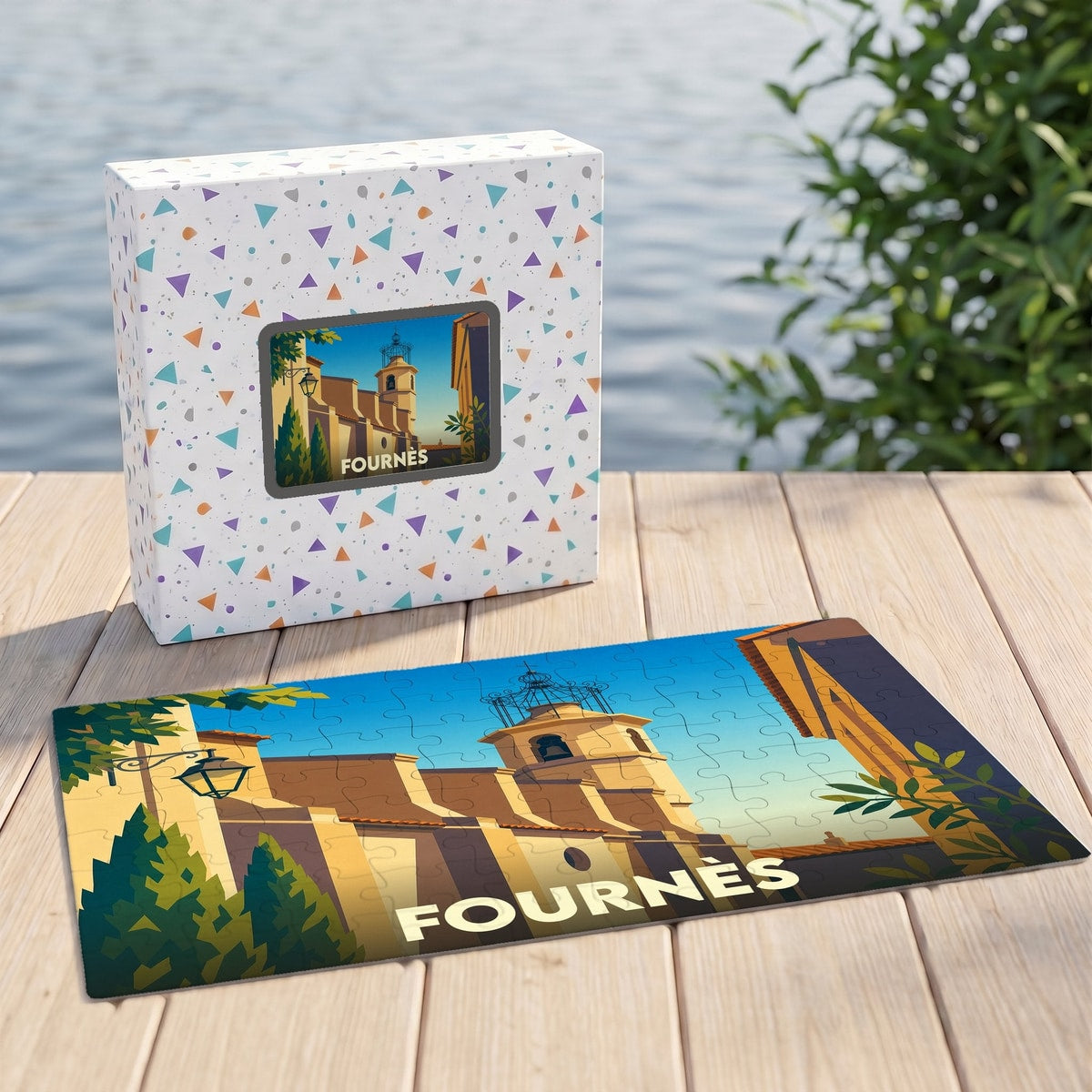 Puzzle souvenir de la ville de Fournès représentant une illustration stylisée de son église.