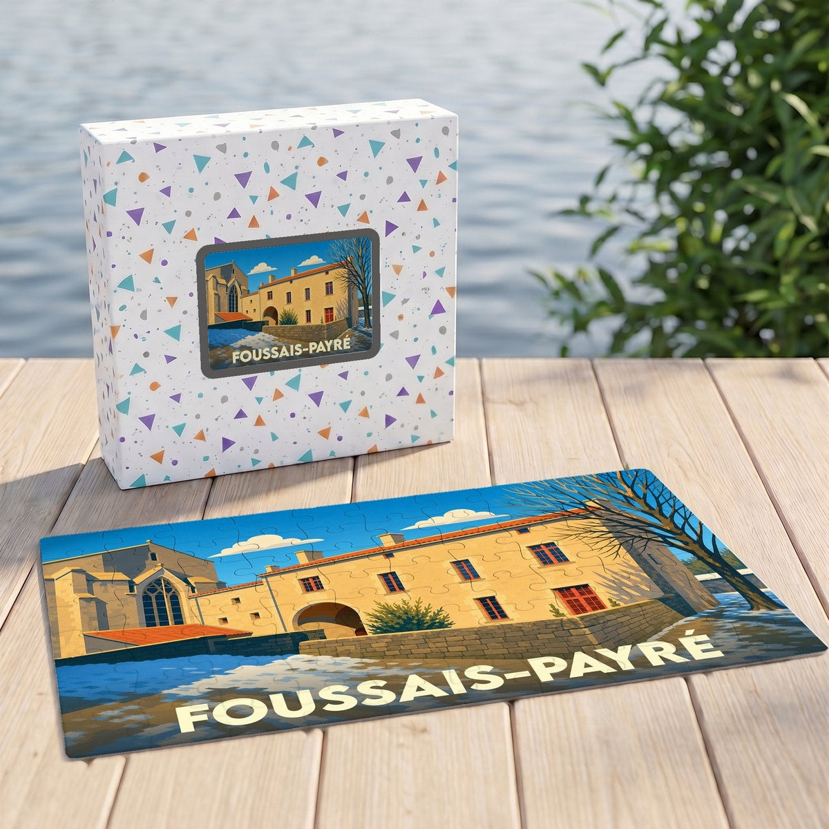 Puzzle souvenir de la ville de Foussais-Payré avec une illustration stylisée et colorée.