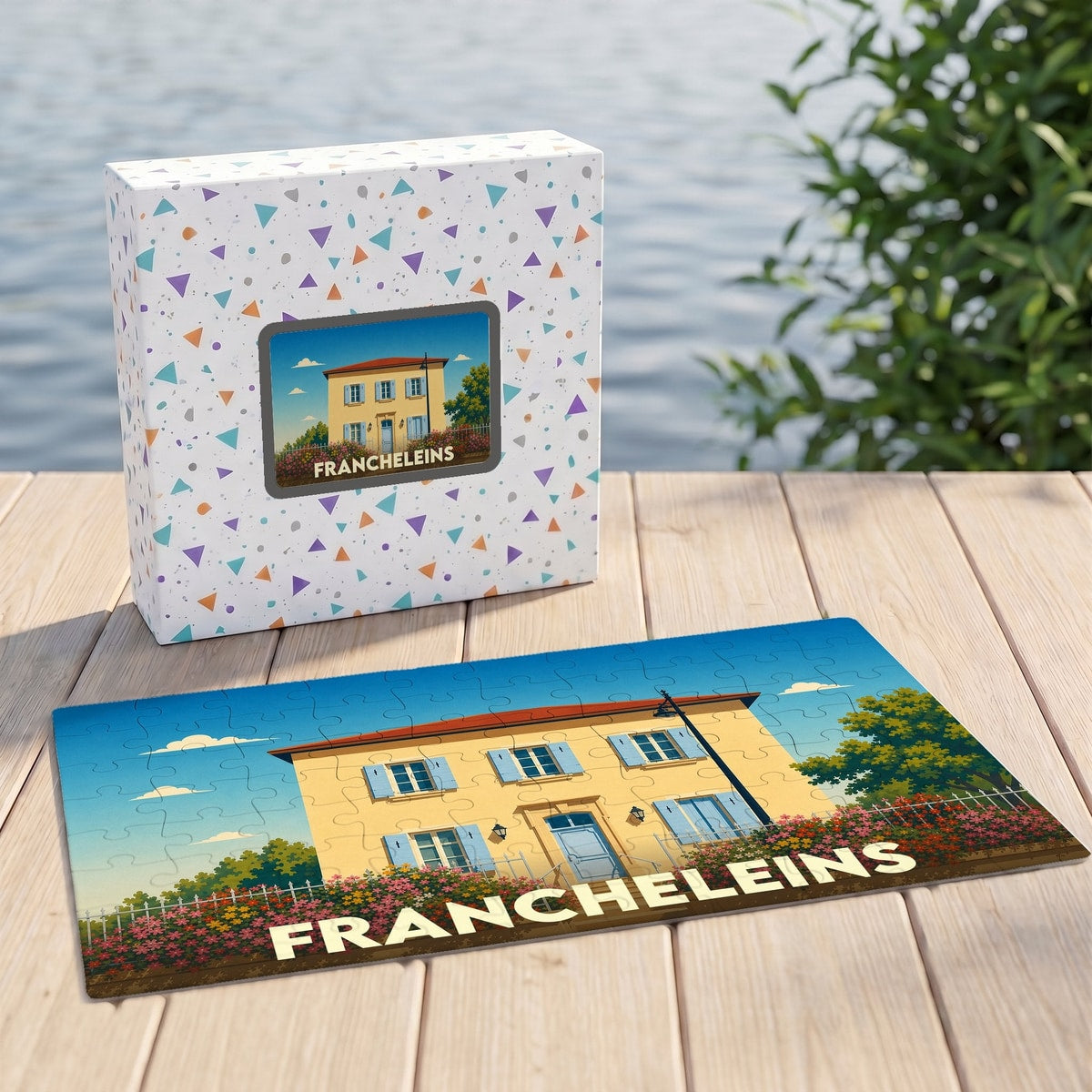 Puzzle souvenir de la ville de Francheleins avec une illustration stylisée d'une maison de campagne.