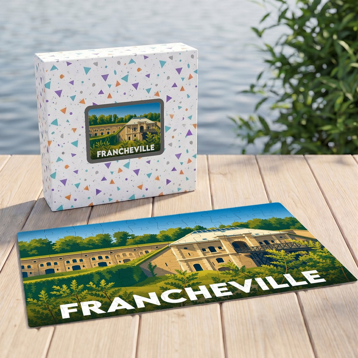 Puzzle souvenir de la ville de Francheville avec une illustration stylisée d'un fort historique.