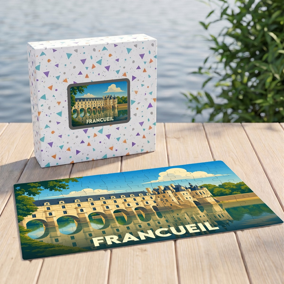 Puzzle souvenir de la ville de Francueil représentant son célèbre château de Chenonceau et ses reflets sur l'eau.