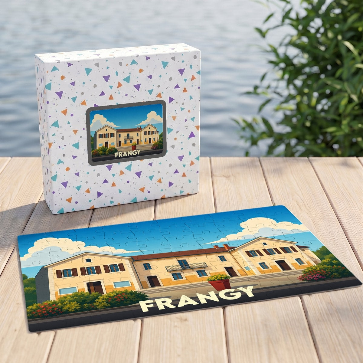 Puzzle souvenir de la ville de Frangy avec une illustration stylisée d'un bâtiment typique.