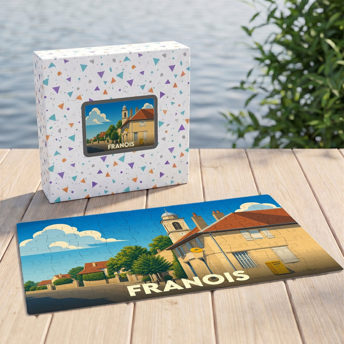 Puzzle souvenir de la ville de Franois avec une illustration stylisée d'un bâtiment emblématique.