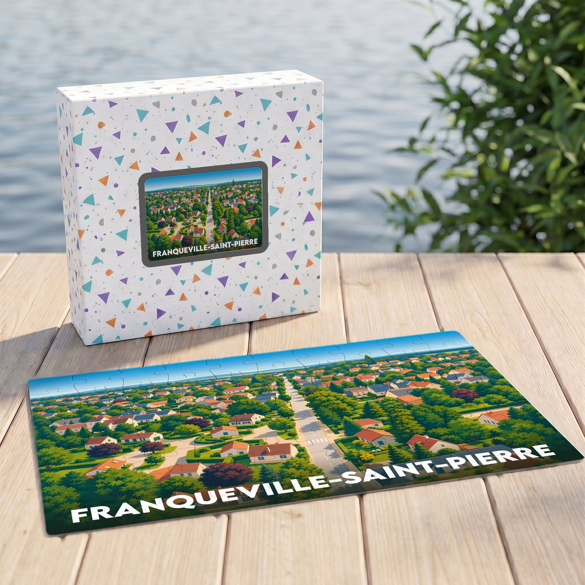 Puzzle souvenir de la ville de Franqueville-Saint-Pierre avec une illustration stylisée vue du ciel.