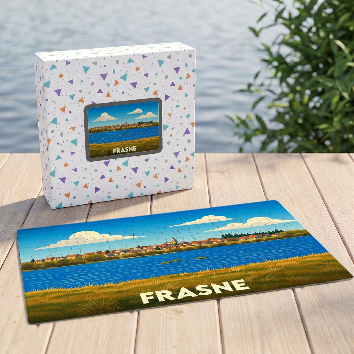 Puzzle souvenir de la ville de Frasne avec une illustration stylisée d'un paysage lacustre.