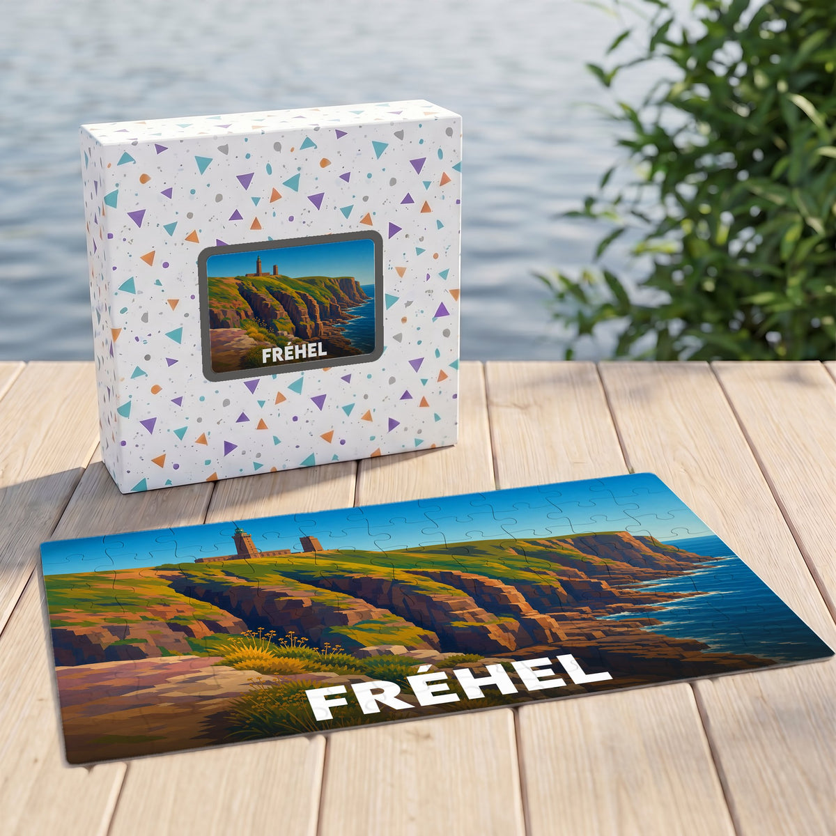 Puzzle souvenir de la ville de Fréhel illustrant ses falaises et son phare dans un style graphique épuré.