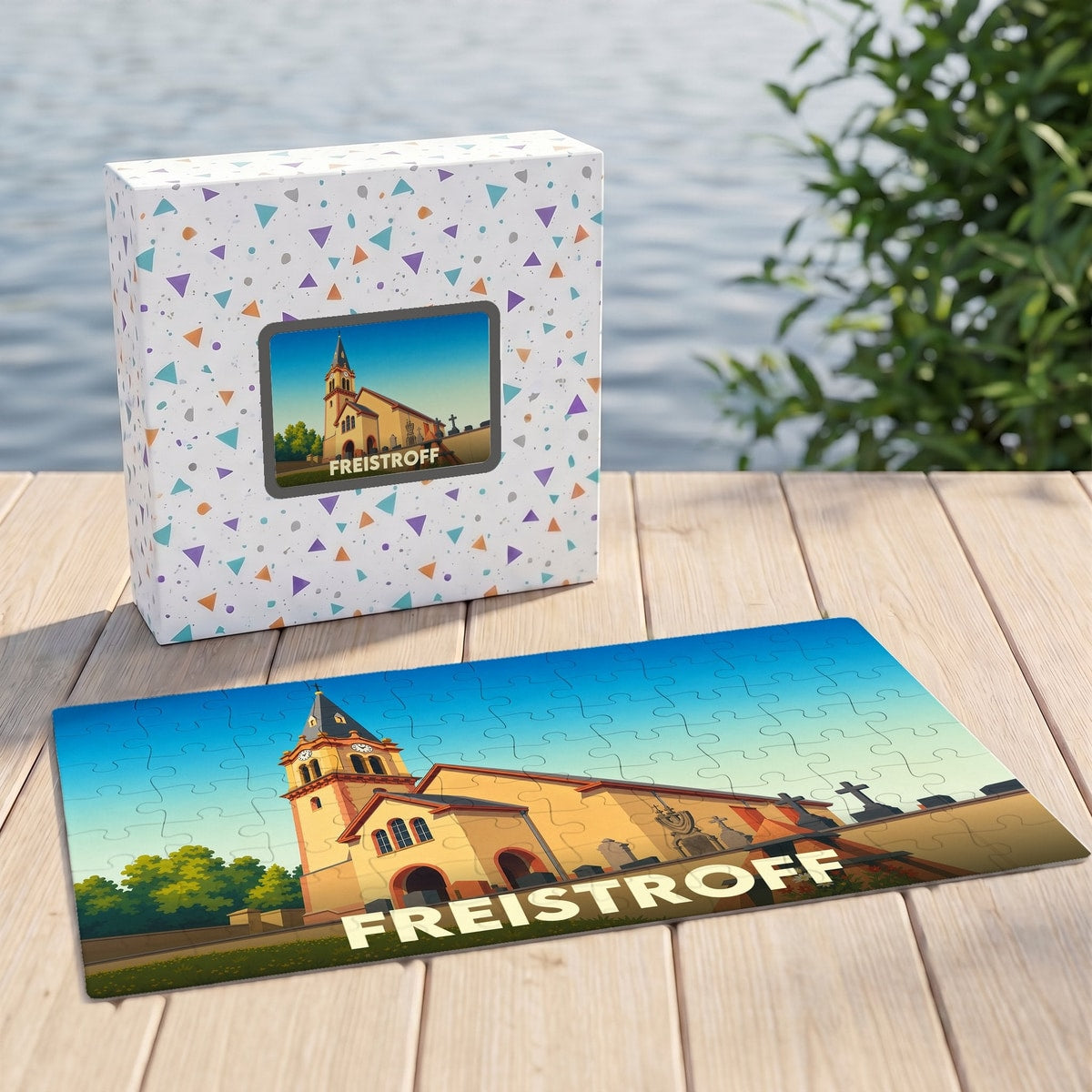 Puzzle souvenir de la ville de Freistroff illustrant son église dans un style graphique épuré.