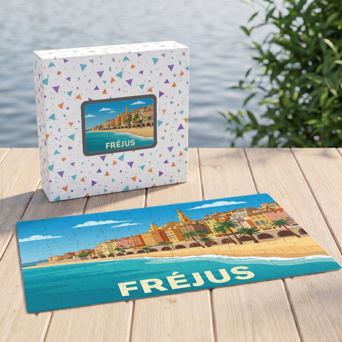 Puzzle souvenir de la ville de Fréjus avec une illustration stylisée de son front de mer.