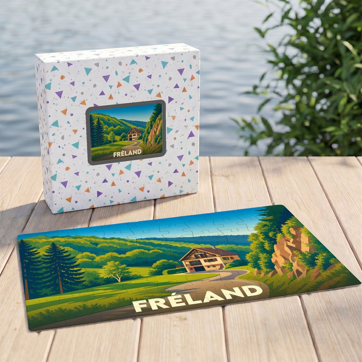Puzzle souvenir de la ville de Fréland représentant un paysage de montagne illustré avec un chalet.