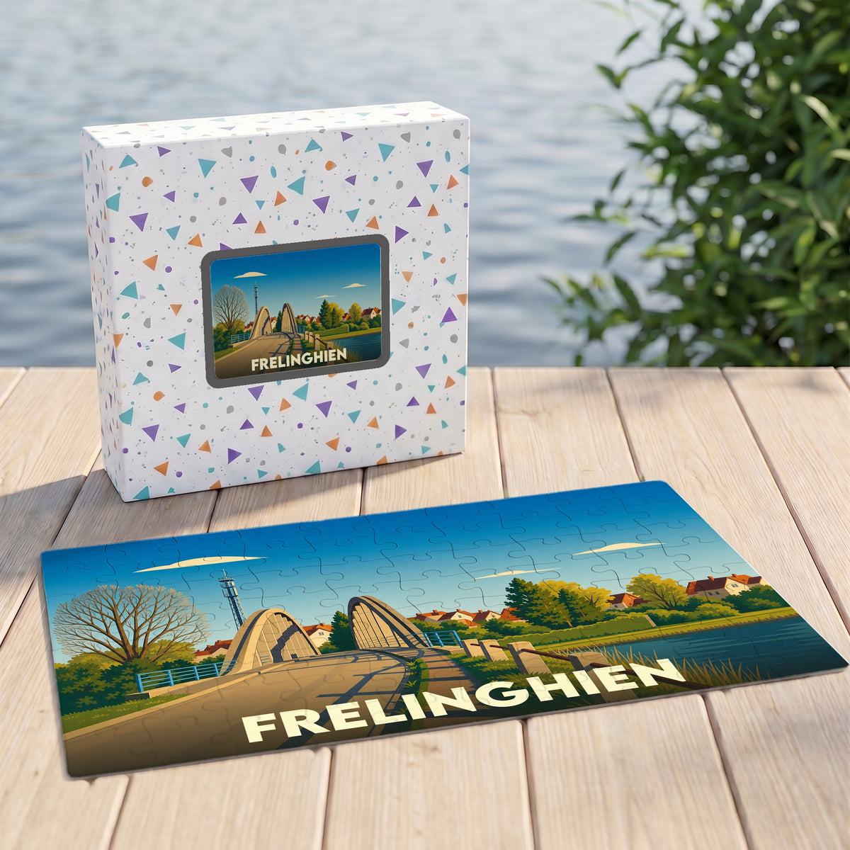 Puzzle souvenir de la ville de Frelinghien illustré d'un pont de style vintage.