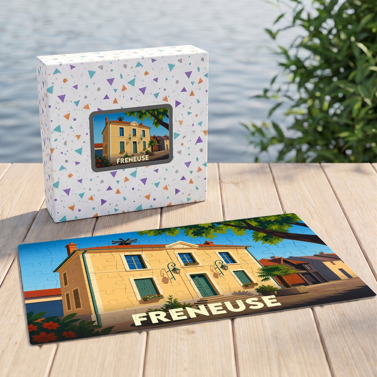 Puzzle souvenir de la ville de Freneuse avec une illustration stylisée.