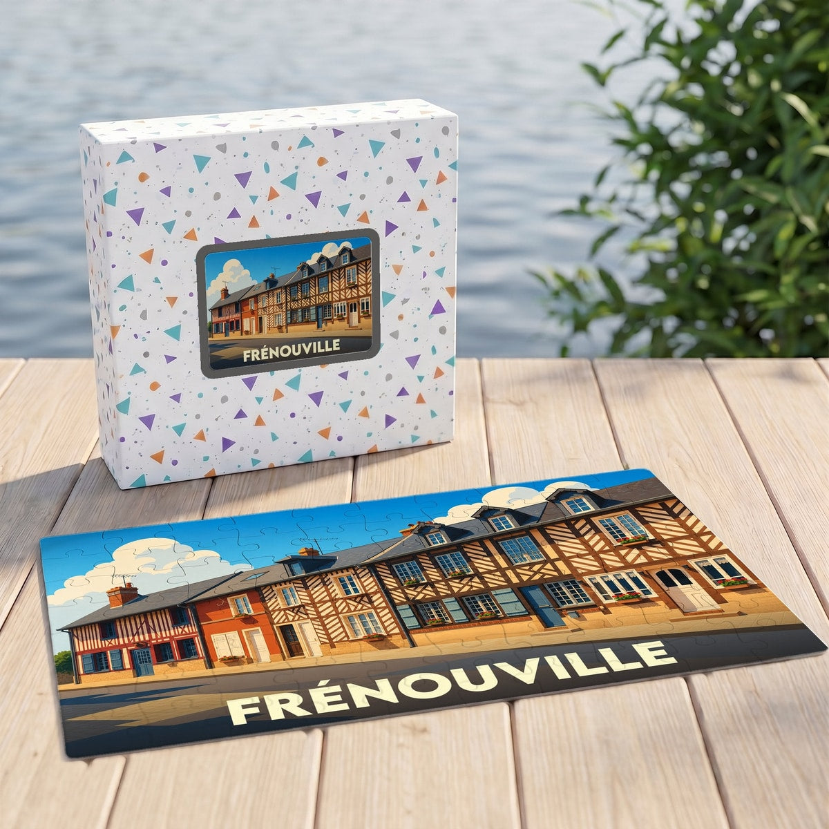 Puzzle souvenir de la ville de Frénouville avec une illustration stylisée de maisons à colombages.