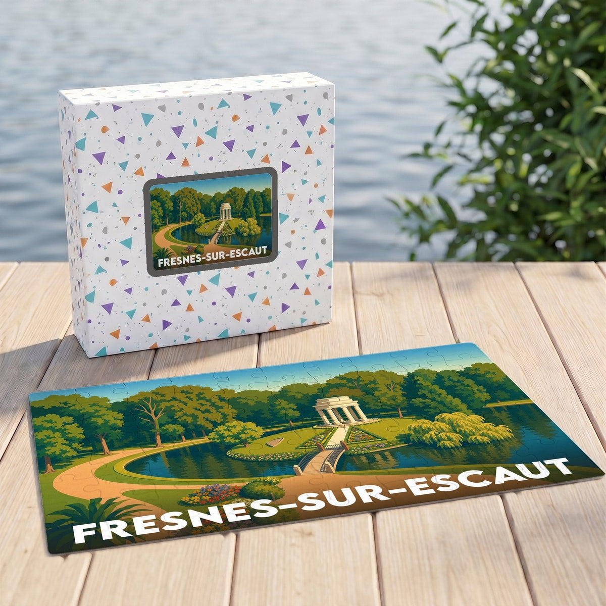 Puzzle souvenir de la ville de Fresnes-sur-Escaut avec une illustration stylisée d'un parc paysager.