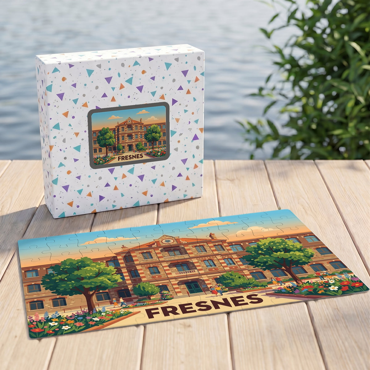 Puzzle souvenir de la ville de Fresnes avec une illustration colorée et stylisée de son architecture.