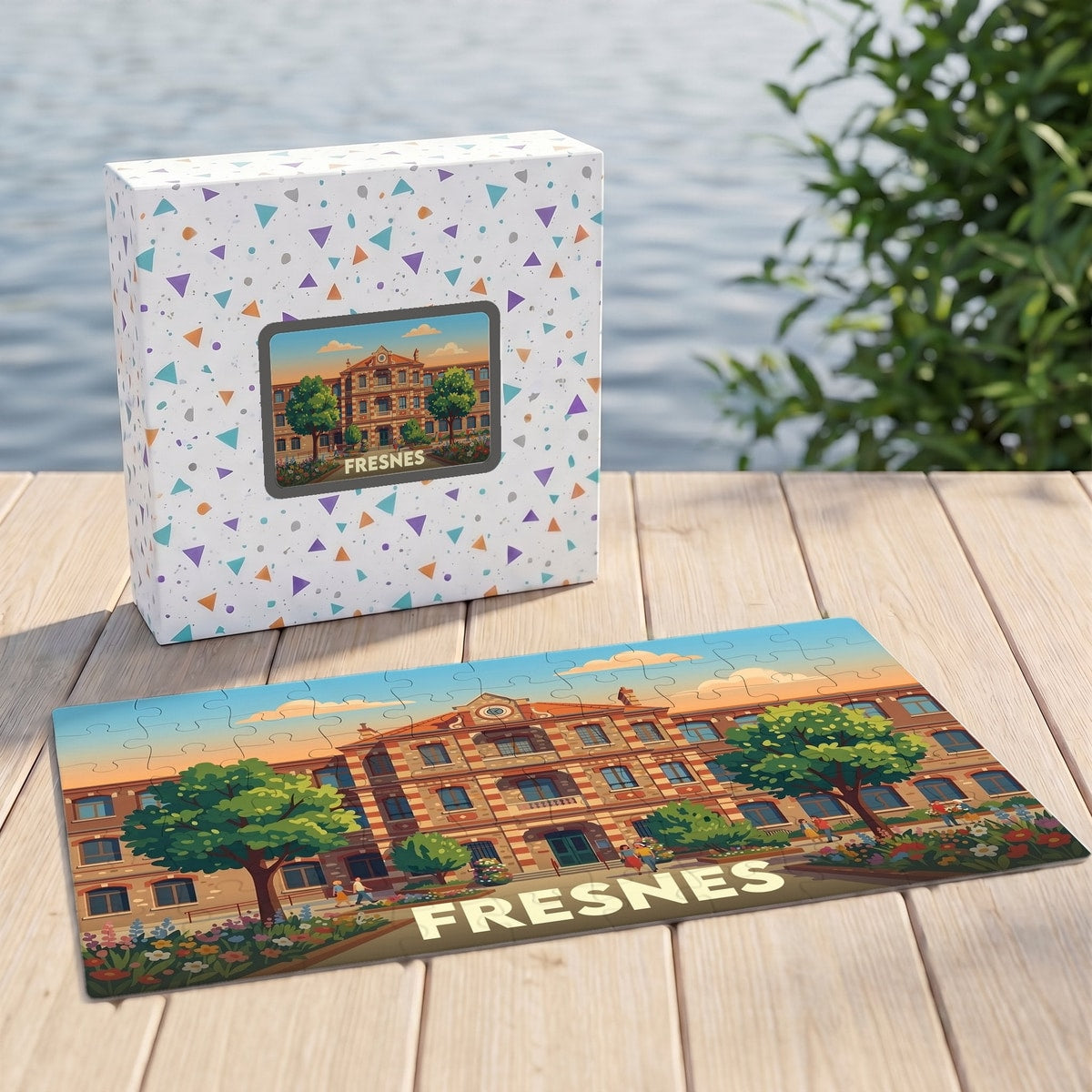 Puzzle souvenir de la ville de Fresnes avec une illustration colorée et stylisée de son architecture.