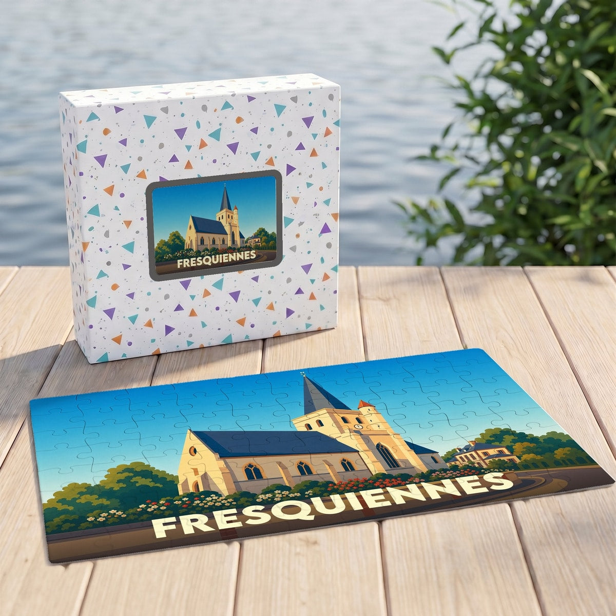 Puzzle souvenir de la ville de Fresquiennes représentant son église dans un style illustré.