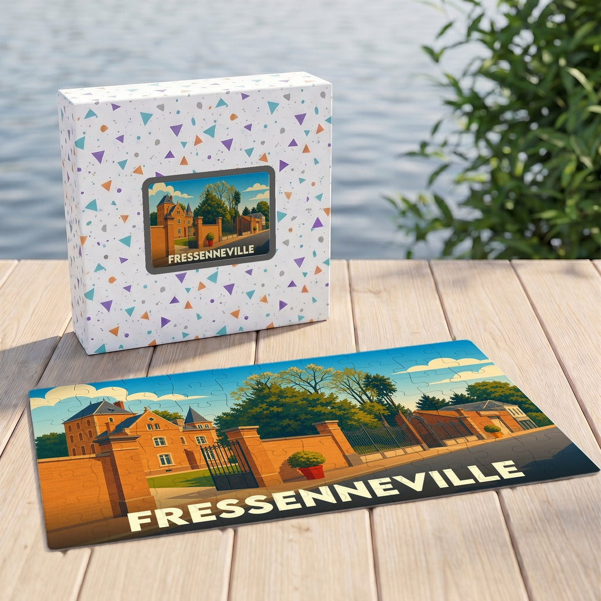 Puzzle souvenir de la ville de Fressenneville avec une illustration stylisée.