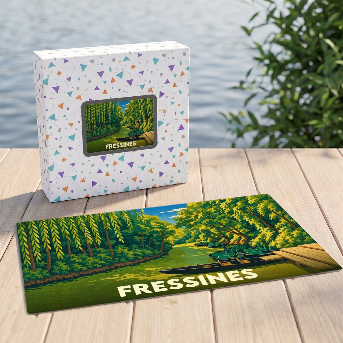 Puzzle souvenir de la ville de Fressines avec une illustration stylisée de barques sur une rivière boisée.