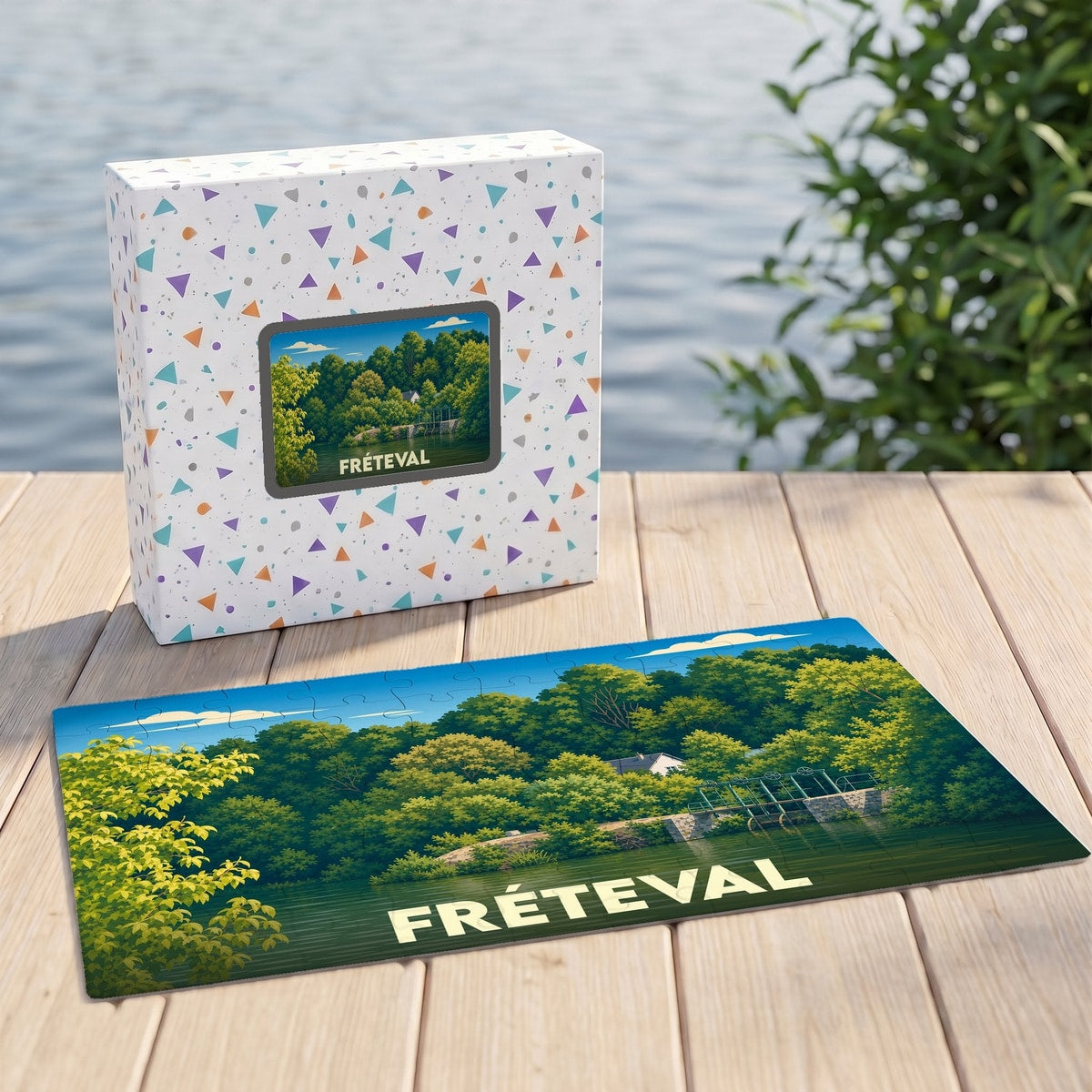 Puzzle souvenir de la ville de Fréteval avec son coffret et une illustration de paysage verdoyant au bord de l'eau.