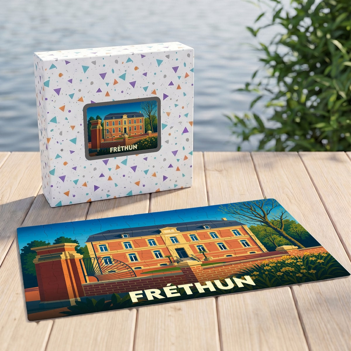 Puzzle souvenir de la ville de Fréthun avec une illustration stylisée représentant un bâtiment historique.