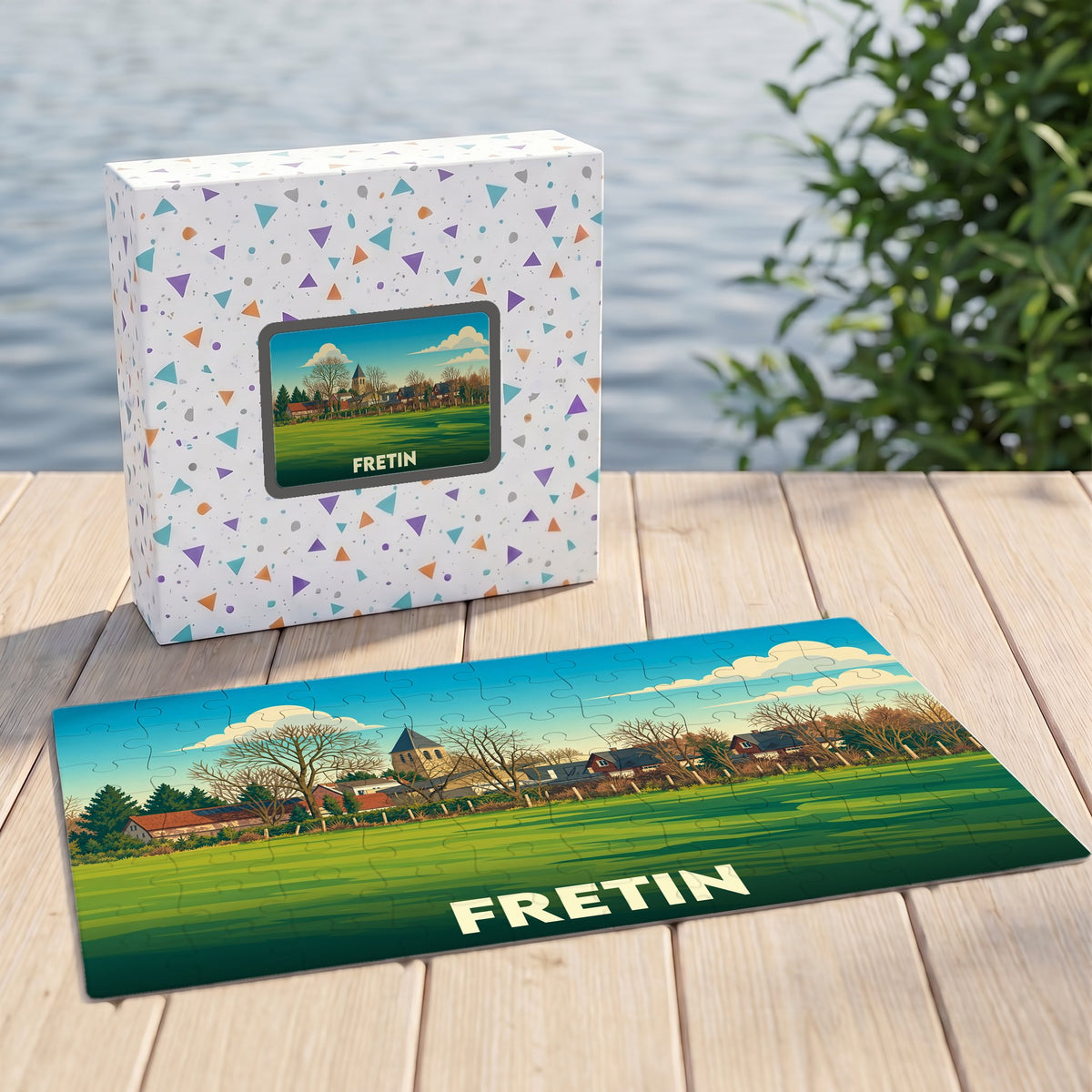 Puzzle souvenir de la ville de Fretin avec une illustration stylisée d'un paysage local.